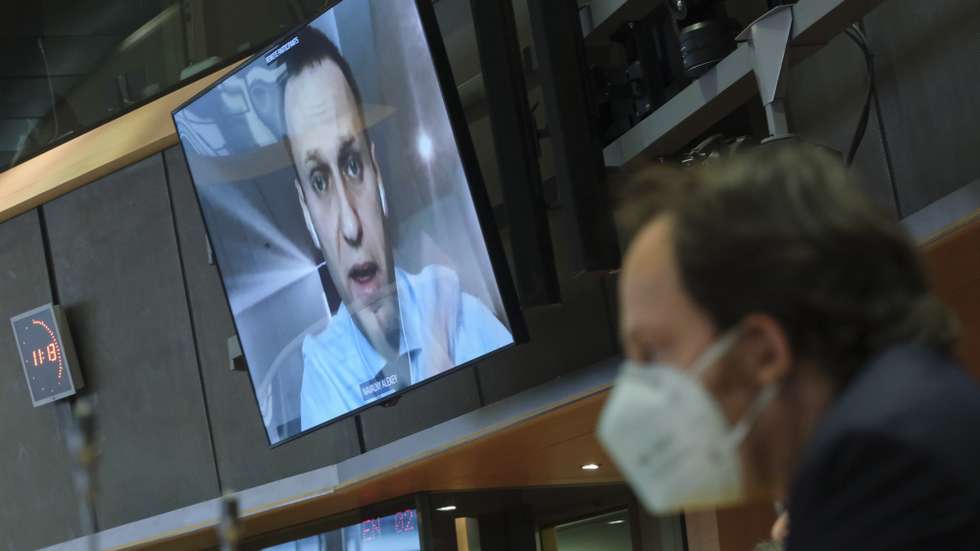 epa08845518 Russian opposition leader Alexey Navalny takes part at a video hearing by European Parliament Foreign Affairs committee in Brussels, Belgium, 27 November 2020. On 17 September 2020, the European Parliament adopted a resolution that strongly condemned the assassination attempt on Alexei Navalny. The parliament noted that the poison used, belonging to the 'Novichok group', could only be developed in state-owned military laboratories and not by private individuals, which strongly suggests that Russian authorities were behind the attack.  EPA/OLIVIER HOSLET