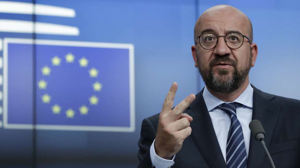 epa09987871 European Council President Charles Michel speaks at a press conference on the second day of a special European Summit on Ukraine, at the European Council, in Brussels, Belgium, 31 May 2022.  EPA/OLIVIER HOSLET