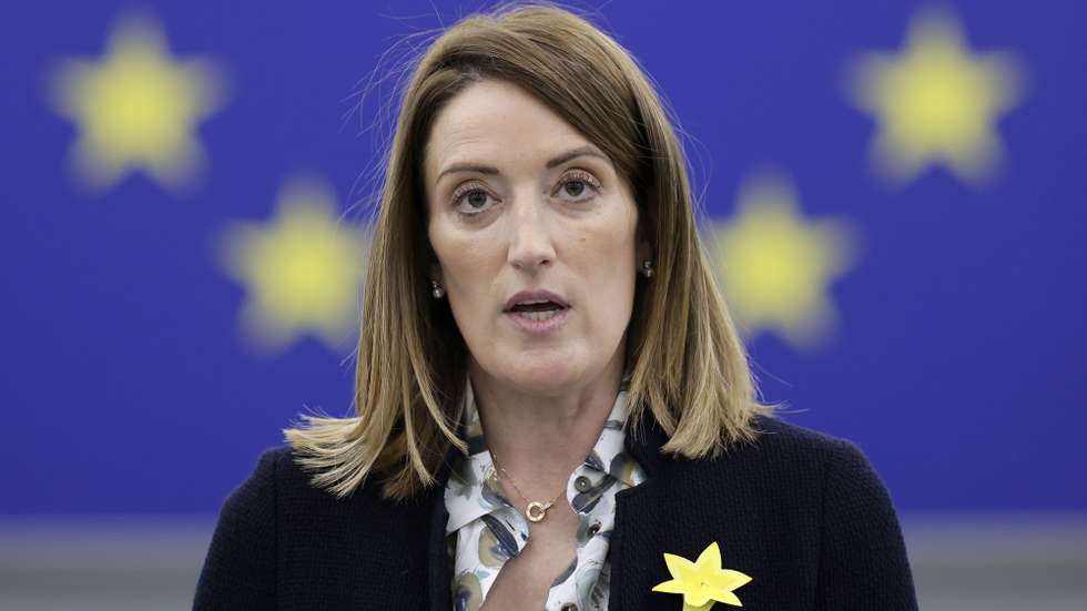 epa12004775 European Parliament President, Roberta Metsola, speaks during a debate on 'Progress in the UN-led efforts for the resumption of negotiations towards a solution to the Cyprus problem' at the European Parliament in Strasbourg, France, 02 April 2025. The EU Parliament's session runs from 31 March to 03 April 2025.  EPA/RONALD WITTEK