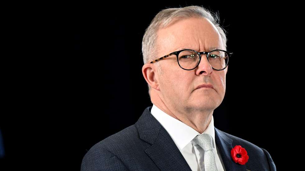 epa10587269 Australian Prime Minister Anthony Albanese looks on during a press conference with New Zealand prime minister Hipkins at the South Bank Piazza in Brisbane, Australia, 23 April 2023.  EPA/DARREN ENGLAND AUSTRALIA AND NEW ZEALAND OUT