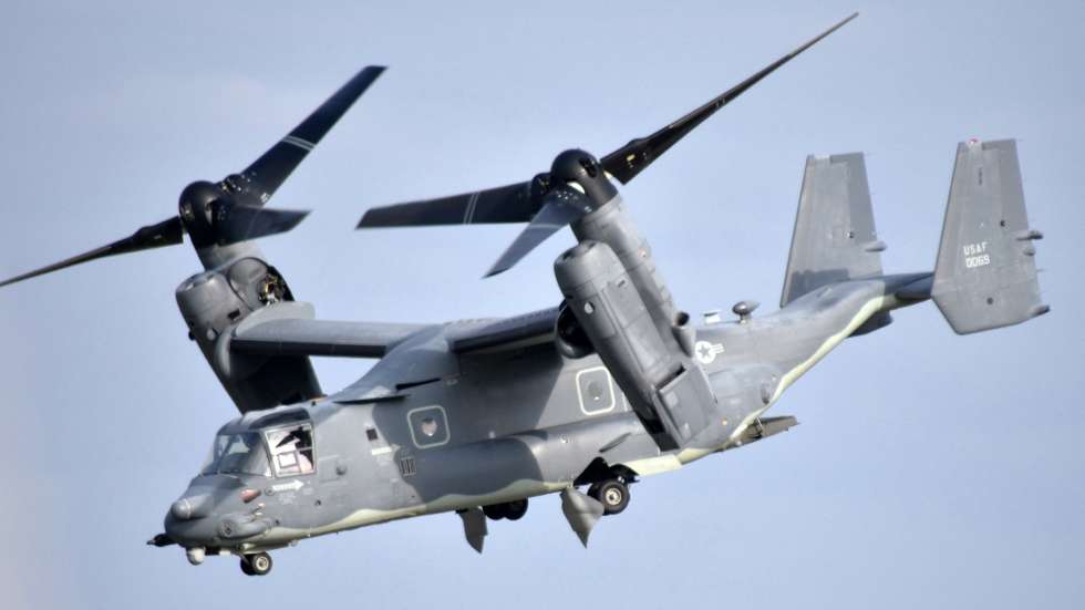 epa11000860 An US military Osprey aircraft CV-22 takes off from the US Yokota Air Base in Fussa, Tokyo, Japan, 14 September 2019 (issued 29 November 2023). According to Japan's Coast Guard, an US military Osprey aircraft crashed off Yakushima Island, southwestern Japan. The Japanese Defence Ministry said the Osprey was a CV-22 belonging to the US Yokota Air Base.  EPA/JIJI PRESS JAPAN OUT   EDITORIAL USE ONLY  EDITORIAL USE ONLY