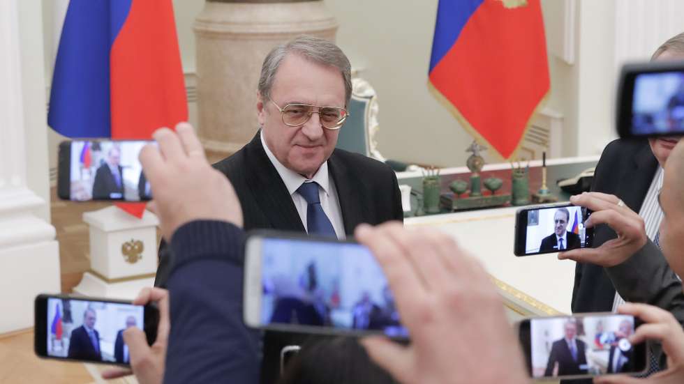 epa07401164 Russian Deputy Foreign Minister Mikhail Bogdanov speaks with journalists before a meeting of Russian Presidentwith Israeli Prime Minister at the Kremlin in Moscow,27  Russia February 2019. Benjamin Netanyahu is on a brief state visit.  EPA/MAXIM SHEMETOV / POOL