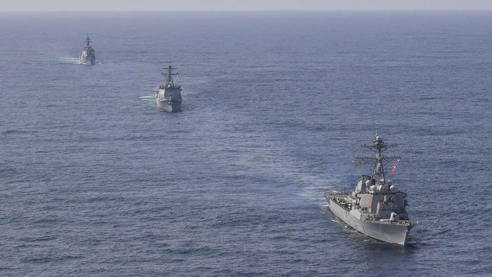 epa10576464 A handout photo made available by South Korean Navy shows Aegis-equipped destroyers (R-L) Yulgok Yi I of the South Korean Navy, the Benfold of the US Navy and the JS Atago of the Japan Maritime Self-Defense Force, sailing in waters off South Korea's east coast on April 17, 2023, as South Korea, the United States and Japan began a trilateral missile defense exercise amid stepped-up efforts to sharpen deterrence against North Korean threats. The drill focused on practicing procedures to detect and track a computer-simulated ballistic missile target, and share related information.  EPA/SOUTH KOREAN NAVY/YONHAP SOUTH KOREA OUT HANDOUT EDITORIAL USE ONLY/NO SALES