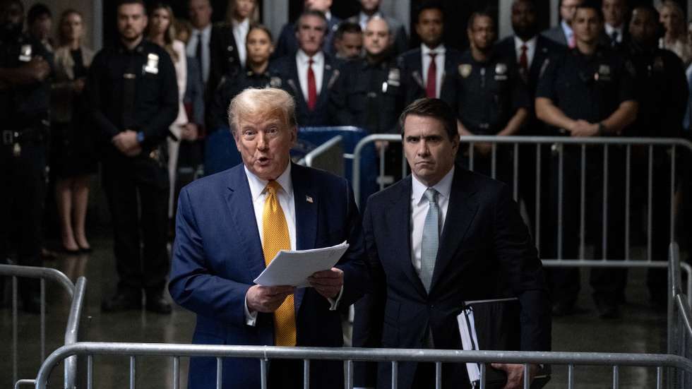 epa11340956 Former President Donald Trump (L), standing with Defense attorney Todd Blanche (R), speaks at the conclusion of proceedings in his trial at the Supreme Court of the State of New York, in New York, New York, USA, 14 May 2024. Trump is facing 34 felony counts of falsifying business records related to payments made to adult film star Stormy Daniels during his 2016 presidential campaign.  EPA/Craig Ruttle / POOL
