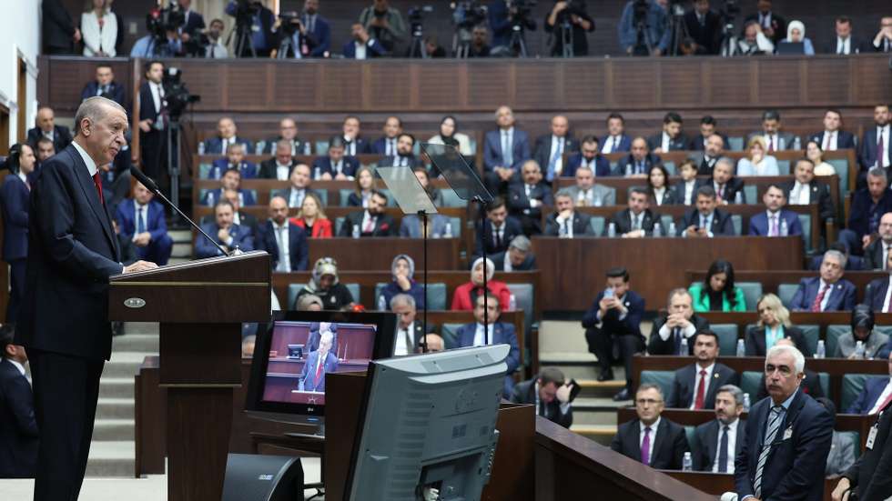 epa10976032 A handout photo made available by the Turkish President Press Office shows Turkish President Recep Tayyip Erdogan addressing members of ruling Justice and Development Party (AKP) at their group meeting at the parliament in Ankara, Turkey, 15 November 2023.  EPA/TURKISH PRESIDENT OFFICE HANDOUT  HANDOUT EDITORIAL USE ONLY/NO SALES HANDOUT EDITORIAL USE ONLY/NO SALES