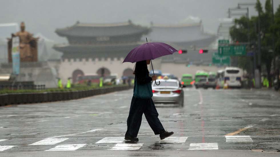 epa05325828 Holding an umbrella, a citizen walks across a zebra crossing in downtown Seoul, South Korea, 24 May 2016, as rain falls across the nation after days of unusually hot weather with daytime highs hovering above 30-degree Celsius.  EPA/YONHAP SOUTH KOREA OUT