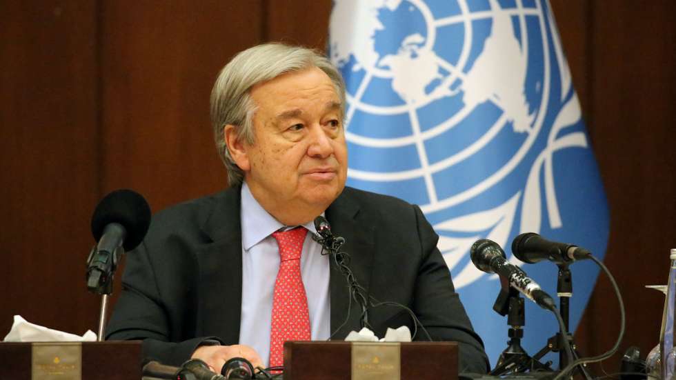 epa10497272 The Secretary-General of the United Nations, Antonio Guterres speaks during a press conference at the al-Rasheed hotel in Baghdad, Iraq, 01 March 2023. Antonio Guterres announced that his visit is to show solidarity and promote hope for a better future for Iraq.  EPA/AHMED JALIL