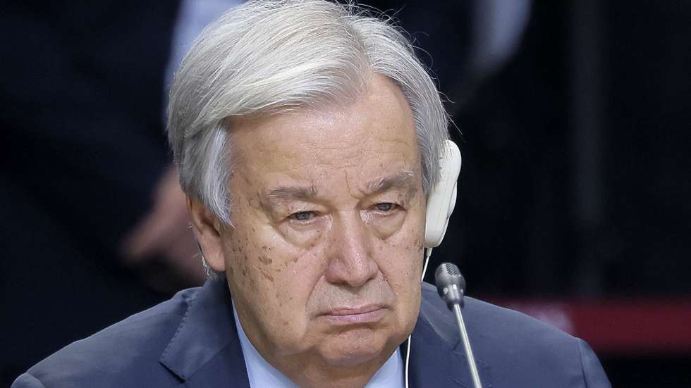 epa11679359 UN Secretary General Antonio Guterres attends a plenary session in the outreach/BRICS Plus format at the BRICS summit in Kazan, Russia, 24 October 2024. The BRICS summit takes place from 22 to 24 October.  EPA/MAXIM SHEMETOV / POOL