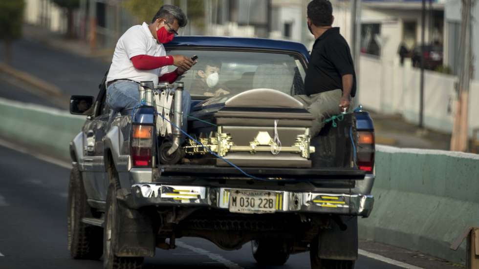 epa08418297 A group of people wearing protective masks move a coffin containing a deceased person to a cemetery in Managua, Nicaragua, 12 May 2020.  EPA/Jorge Torres