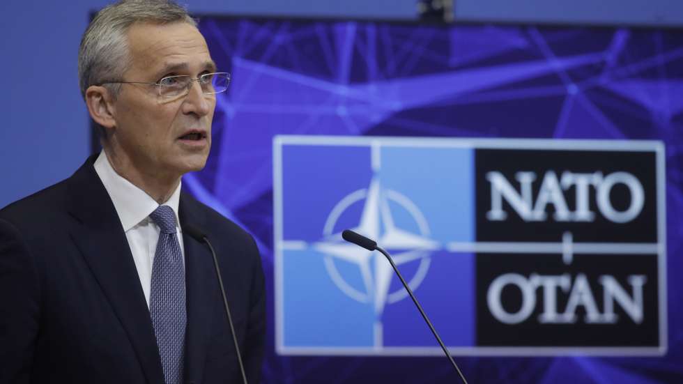 epa09680432 NATO Secretary General Jens Stoltenberg gives a press conference at the end of NATO-Russia Council at the Alliance's headquarters in Brussels, Belgium , 12 January  2022.  EPA/ OLIVIER HOSLET