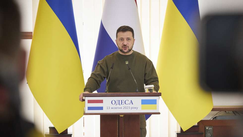 epa10917415 A handout photo made available by the Presidential Press Service shows Ukrainian President Volodymyr Zelensky speaks during a joint press conference with Dutch Prime Minister Mark Rutte (not pictured) during a joint press conference during their visit to Odesa, Ukraine, 13 October 2023. Rutte arrived in Ukraine to visit the Southern-Ukrainian city of Odesa and meet with top officials amid the Russian invasion.  EPA/PRESIDENTIAL PRESS SERVICE HANDOUT   HANDOUT EDITORIAL USE ONLY/NO SALES HANDOUT EDITORIAL USE ONLY/NO SALES