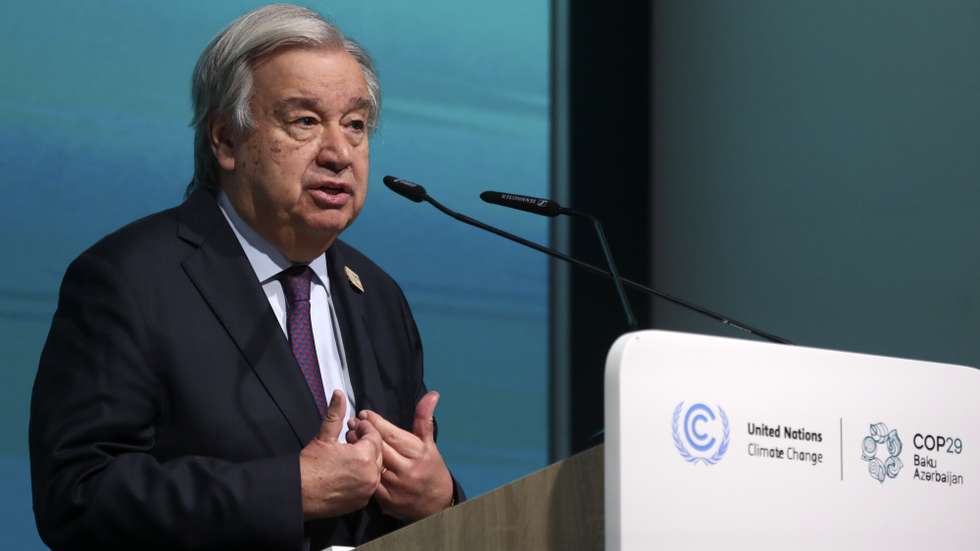 epa11732607 United Nations Secretary-General Antonio Guterres speaks during a press conference at the United Nations Climate Change Conference COP29 in Baku, Azerbaijan, 21 November 2024. The Azerbaijani capital of Baku hosts the 2024 United Nations Climate Change Conference (COP29) from 11 to 22 November 2024.  EPA/IGOR KOVALENKO