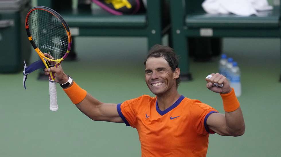 epa09832735 Rafael Nadal of Spain reacts after winning match point against Nick Kyrgios of Australia  during the BNP Paribas Open tennis tournament at the Indian Wells Tennis Garden in Indian Wells, California, USA, 17 March 2022. Nadal defeated Kyrgios in three sets 7-6 (0), 5-7, 6-4.  EPA/RAY ACEVEDO