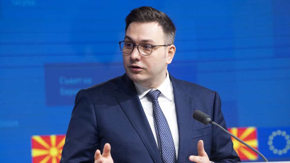 epa10079448 Czech's Minister of Foreign Affairs Jan Lipavsky reacts during the joint press conference after the first Intergovernmental Conference on the accession of North Macedonia in EU council in Brussels, Belgium, 19 July 2022.  EPA/GEORGI LICOVSKI