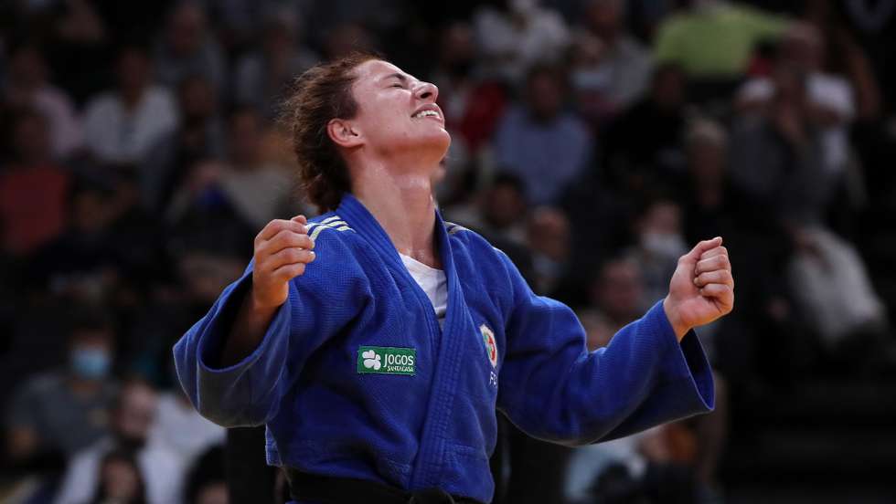 epa09527060 Barbara Timo of Portugal reacts after winning the women's -63kg semi-final match against Angelika Szymanska of Poland at the Paris Grand Slam judo tournament, in Paris, France, 16 October 2021.  EPA/CHRISTOPHE PETIT TESSON