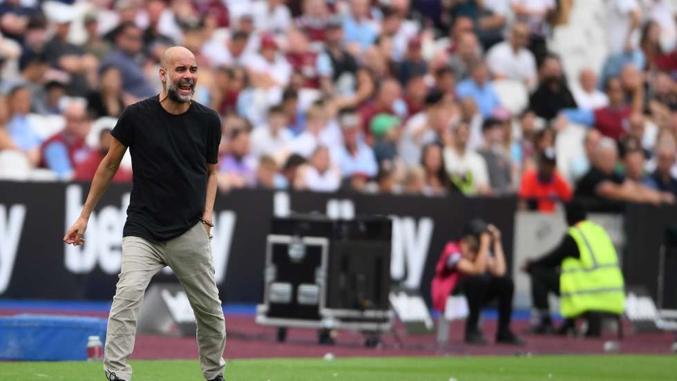 epa10864675 Manchester City manager Pep Guardiola reacts on the touchline during the English Premier League match between West Ham United and Manchester City in London, Britain, 16 September 2023.  EPA/DANIEL HAMBURY EDITORIAL USE ONLY. No use with unauthorized audio, video, data, fixture lists, club/league logos or 'live' services. Online in-match use limited to 120 images, no video emulation. No use in betting, games or single club/league/player publications