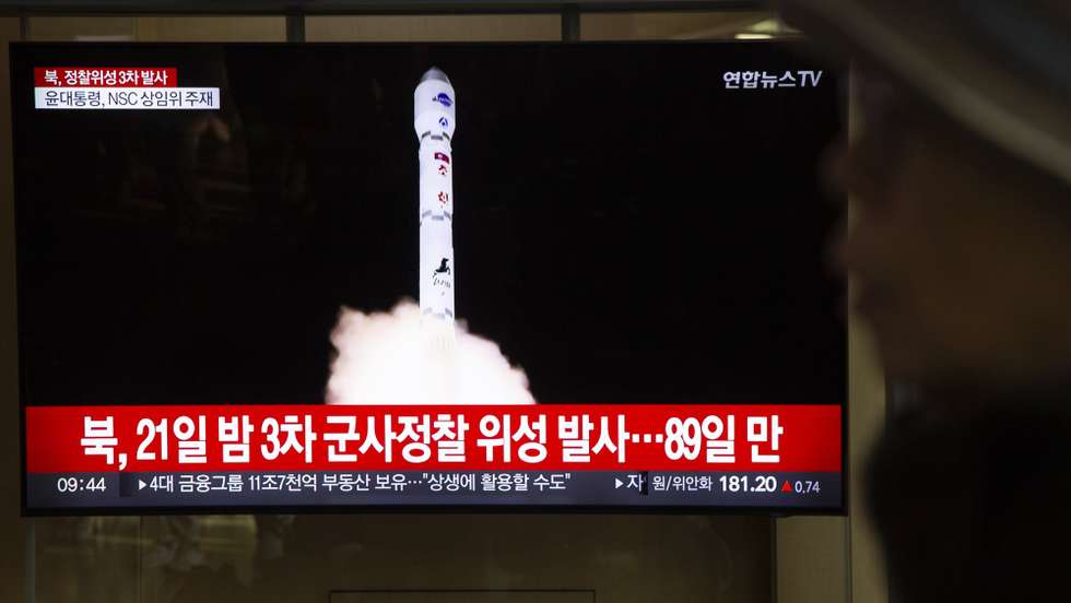 epa10988726 A tv monitor displays daily news at a station in Seoul, South Korea, 22 November 2023. According to South Korea's Joint Chiefs of Staff (JCS), North Korea launched a new-type carrier rocket 'Chollima-1' with the reconnaissance satellite 'Malligyong-1' from Sohae Satellite Launching Ground in Cholsan County, on 21 November 2023. According to KCNA, North Korea's National Aerospace Technology Administration (NATA) successfully launched 'Chollima-1' and 'accurately put the reconnaissance satellite 'Malligyong-1' on its orbit at 22:54:13, 705s after the launch'.  EPA/JEON HEON-KYUN