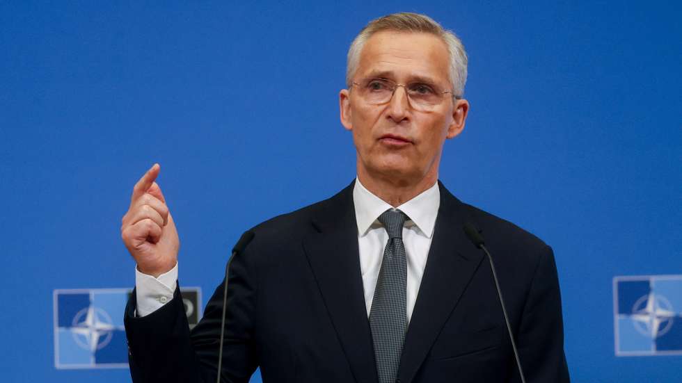 epa11219799 NATO Secretary General Jens Stoltenberg gestures during a press conference to present his annual report for 2023 at NATO headquarters in Brussels, Belgium, 14 March 2024.  EPA/OLIVIER HOSLET