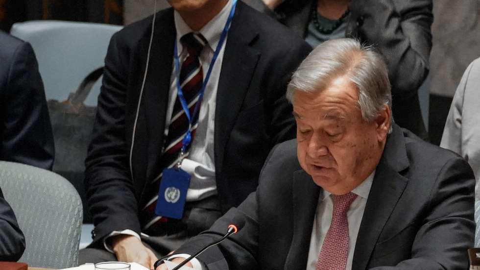 epa11279337 United Nations Secretary General Antonio Guterres reads a speech to members of Security Council as they attend a meeting on the situation in the Middle East at the United Nations headquarters in New York, New York, U.S. on 14 April 2024. The State of Israel called for the meeting following a barrage of drone and missile attacks by the Islamic Republic of Iran on 13 April.  EPA/STEPHANI SPINDEL