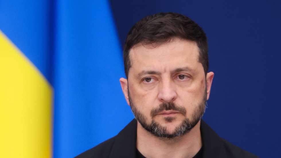epa12306514 Ukrainian President Volodymyr Zelensky speaks during a press conference with European Commission President Ursula von der Leyen (not pictured) after their meeting in Brussels, Belgium, 17 August 2025.  EPA/OLIVIER HOSLET