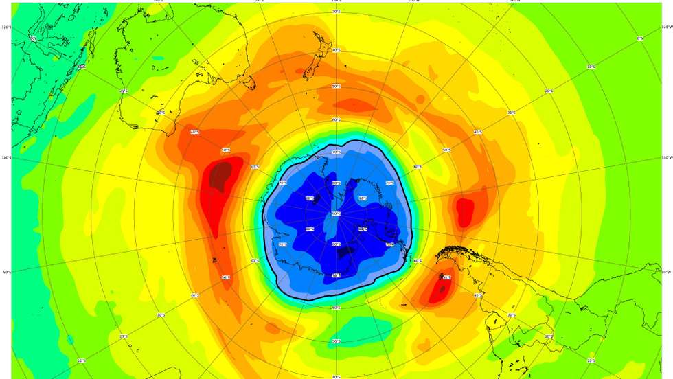 epa09473207 A handout photo made available by the European Space Agency (ESA) shows a map of the ozone hole over the South Pole on 16 September 2021 (issued 17 September 2021). The ozone hole has "considerably grown" during September 2021 and is of a size "larger than 75 percent of ozone holes at that stage in the season since 1979", the EU's Copernicus Atmosphere Monitoring Service (CAMS) published in a statement on 16 September 2021.  EPA/Copernicus Atmosphere Monitoring Service/ECMWF / HANDOUT  HANDOUT EDITORIAL USE ONLY/NO SALES