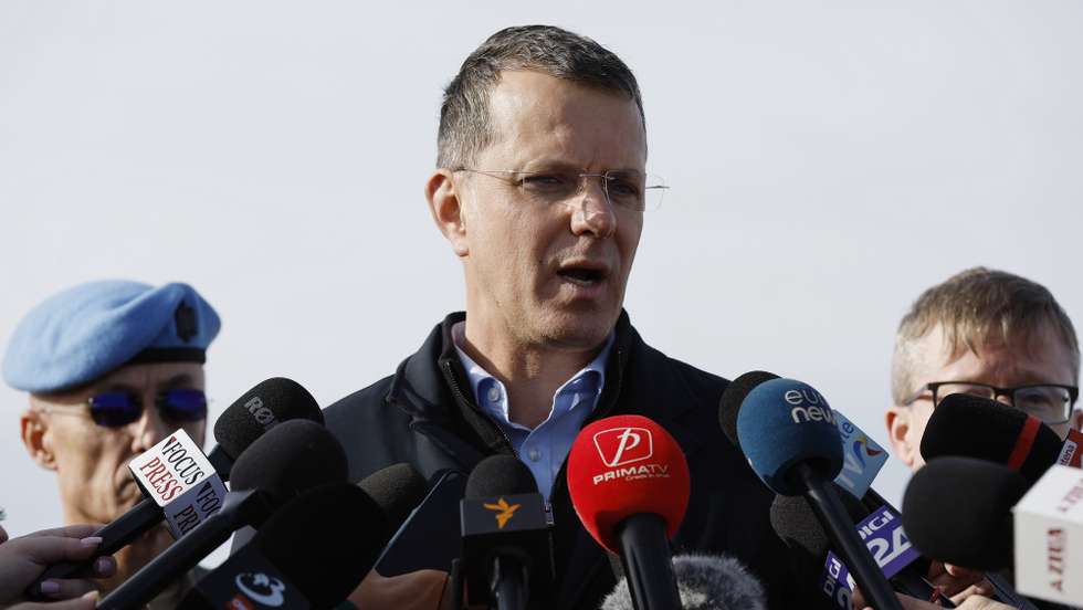 epa12547643 Romanian Minister of Defense Ionut Mosteanu (C) delivers his speech prior to his visit to the US Army garrison Black Sea, at the 57-th military airbase Mihail Kogalniceanu, near Constanta city, Romania, 25 November 2025. Two German Eurofighter Typhoons and two Romanian F-16s were scrambled this morning after radars detected two targets violating Romanian airspace. The Ministry of Defense later confirmed that one target, an unarmed drone, was found crashed in Vaslui County, about 50 km from the border with the Republic of Moldova. Romanian Defense Minister Ionut Mosteanu called the incident a "new Russian provocation against Romania."  EPA/ROBERT GHEMENT