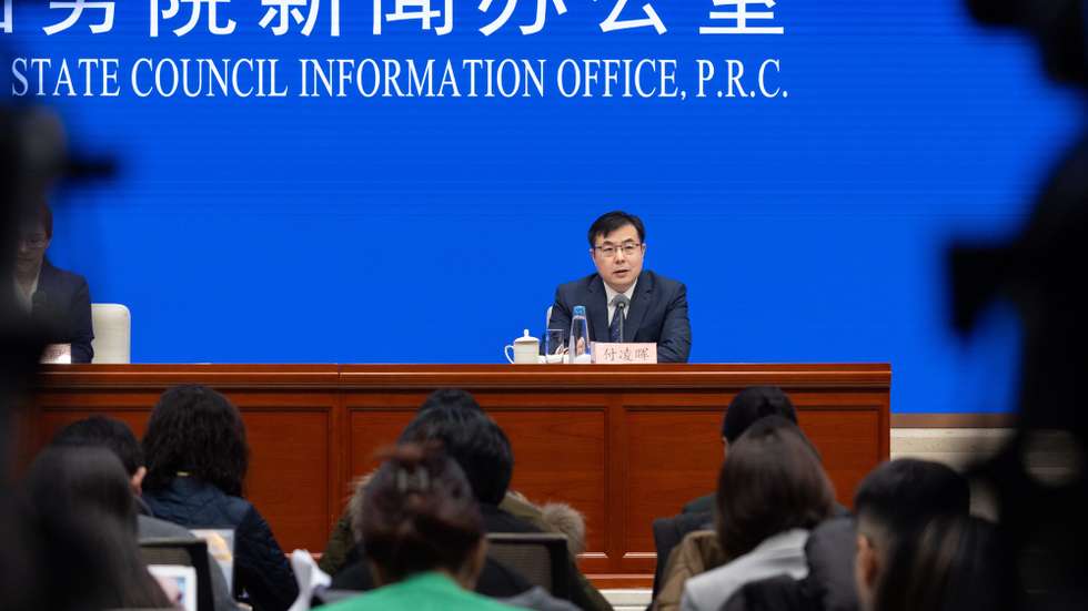epa11969360 Fu Linghui, Spokesperson and Director General of the Department of Comprehensive Statistics of the National Bureau of Statistics, speaks during a press conference in Beijing, China, 17 March 2025. According to the National Bureau of Statistics, China had steady economic growth for the first two months of 2025, with industrial enterprises growing 5.9 percent year on year; services production growing 5.6 percent year on year; and investment in fixed assets up by 4.1 percent year on year.  EPA/JESSICA LEE