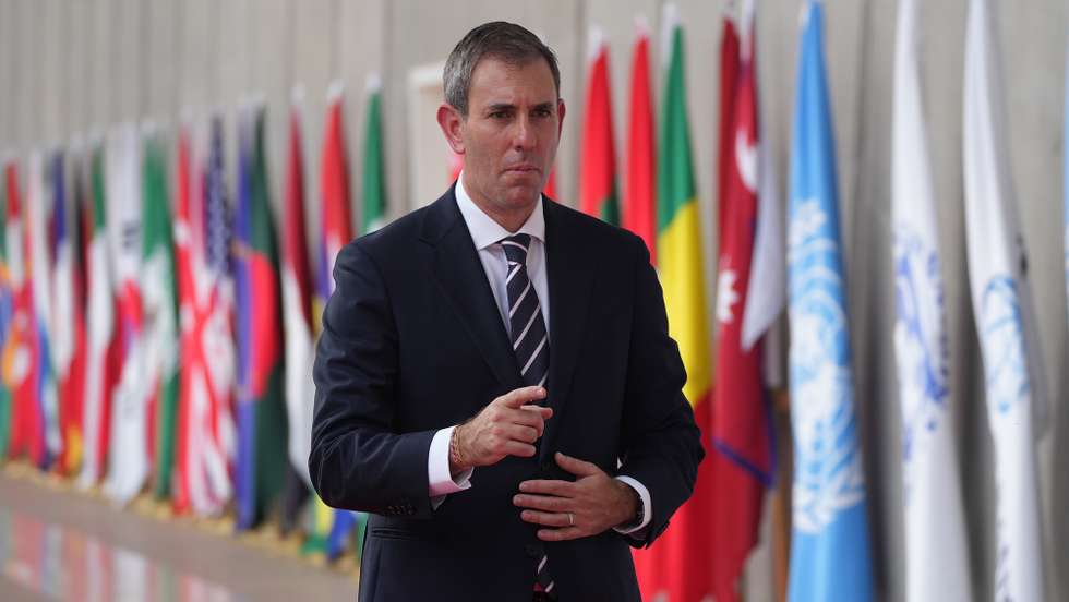 epa10752626 Australia's Finance Minister Jim Chalmers arrives to attend the G20 Finance Ministers and Central Bank Governors Meeting (FMCBG and FCBD) in Gandhinagar, India, 18 July 2023.  EPA/SIDDHARAJ SOLANKI