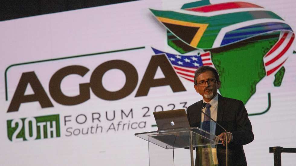 epa10955838 South African Minister of Trade, Industry, and CompetitionEbrahim Patel  addresses the delegates during the 20th African Growth and Opportunity Act (AGOA) Summit at the Nasrec Convention Centre, Johannesburg, South Africa, 03 November 2023. The summit is a high-level meeting place for officials of the United States Government and officials of the governments of sub- Saharan African countries in order to foster close economic ties between the United States and sub-Saharan Africa.  EPA/KIM LUDBROOK