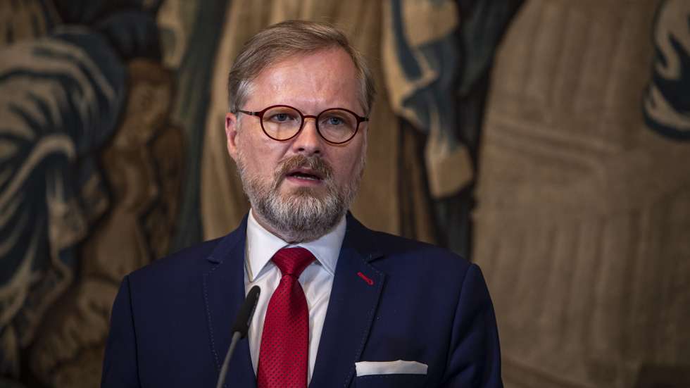 epa10014723 Czech Prime Minister Petr Fiala talks to the media during the presentation of the political priorities of the Czech EU Presidency, at Hrzan Palace, in Prague, Czech Republic, 15 June 2022. Fiala together with Czech Minister for European Affairs Mikulas Bek and Head of the Government Office of the Czech Republic, Jana Kotalikova unveiled the official logo, motto and organizational details. The Czech Presidency of the Council of the European Union, the Czech Republic's second presidency of the Council, will start on 01 July 2022.  EPA/MARTIN DIVISEK
