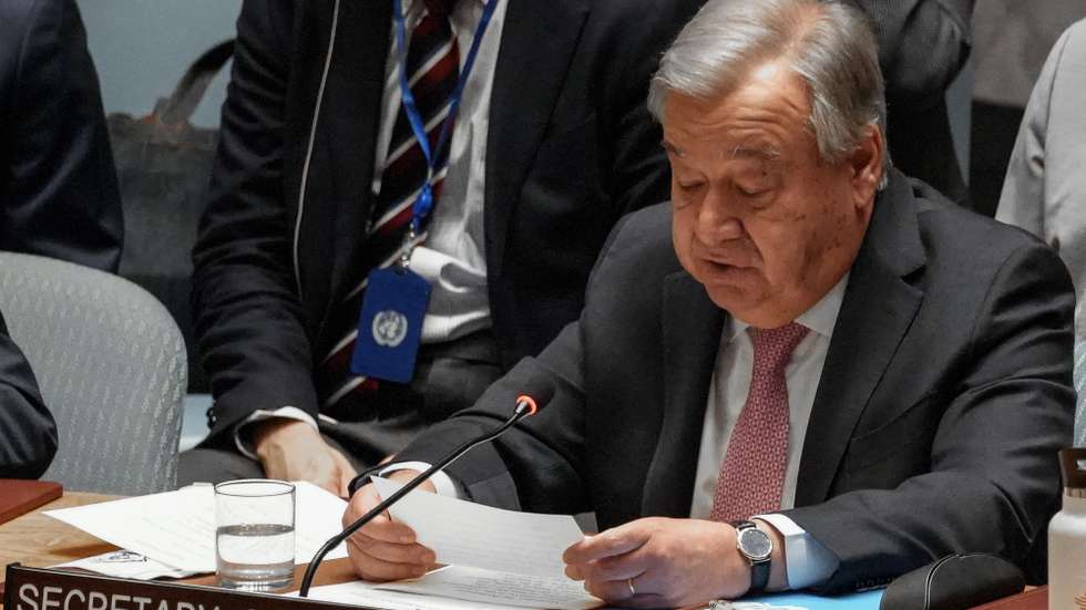 epa11279337 United Nations Secretary General Antonio Guterres reads a speech to members of Security Council as they attend a meeting on the situation in the Middle East at the United Nations headquarters in New York, New York, U.S. on 14 April 2024. The State of Israel called for the meeting following a barrage of drone and missile attacks by the Islamic Republic of Iran on 13 April.  EPA/STEPHANI SPINDEL