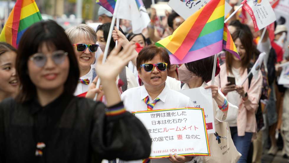 epa11291084 Supporters of the lesbian, gay, bisexual, and transgender (LGBTQ+) community take part in the Tokyo Rainbow Pride Parade on the streets of Tokyo, Japan, 21 April 2024. Thousands of participants and supporters of the LGBTQ+ community marched the streets in Tokyo's Shibuya district to spread awareness about a society free of prejudice and discrimination.  EPA/FRANCK ROBICHON