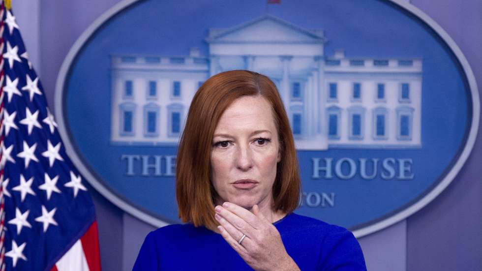 epa09627965 White House Press Secretary Jen Psaki participates in a news conference during which she took questions on US President Joe Biden's two-hour video call with President of Russia Vladimir Putin, in the James Brady Press Briefing Room of the White House, in Washington, DC, USA, 07 December 2021. Biden held the video call with Putin to discuss Russia's military build-up on Ukraine's borders. Following the video call, Biden convened a call with several close European allies to discuss the situation in Ukraine.  EPA/MICHAEL REYNOLDS / POOL
