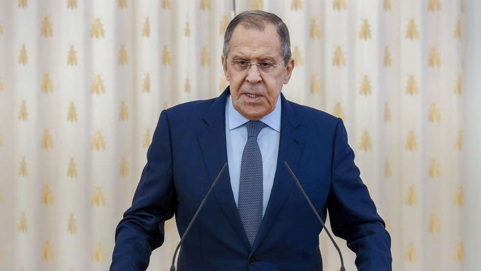 epa10250576 A handout photo made available by the Russian Foreign Ministry press service shows Russian Foreign Minister Sergey Lavrov delivering a speech during a traditional meeting with university graduates in 2022 who have been hired by the Russian Foreign Ministry, in Moscow, Russia, 18 October 2022.  EPA/RUSSIAN FOREIGN MINISTRY PRESS SERVICE HANDOUT -- MANDATORY CREDIT -- HANDOUT EDITORIAL USE ONLY/NO SALES
