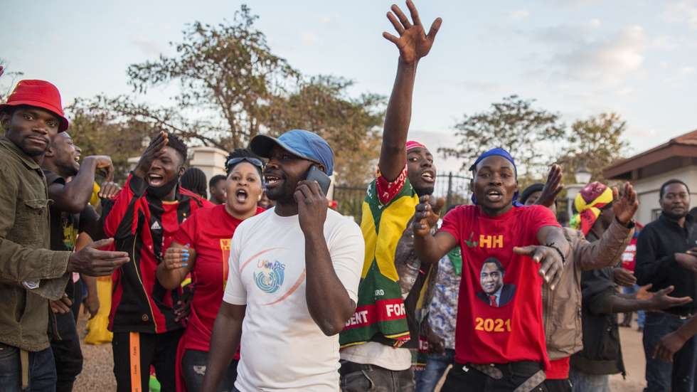epa09415716 Supporters of Zambian presidential candidate for the opposition party United Party for National Development (UPND) Hakainde Hichilema celebrate in Lusaka, Zambia 15 August 2021. Unofficial results indicate the Zambian business tycoon Hakainde Hichilema is on the cusp of winning Zambia's election with nearly two-thirds of the votes counted. Supporters took to the streets in celebration of the shift of power through the ballot box. According to results announced by the Electoral Commission of Zambia Hakainde Hichilema has more than 2.3 million votes to President Edgar Lunguâ€™s 1.4 million votes.  EPA/STR