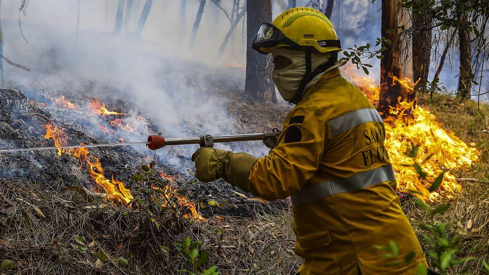 Um sapador florestal combate as chamas junto à aldeia de Rebolo, durante o incêndio que começou em Abiul, Pombal, na passada sexta-feira, Rebolo, Ansião, 14 de julho de 2022. PAULO NOVAIS/LUSA