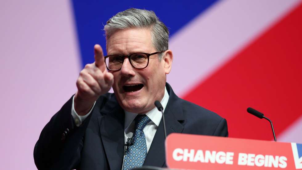 epa11622550 British Prime Minister and Leader of the Labour Party, Sir Keir Starmer, speaks at the Labour Party Conference in Liverpool, Britain, 24 September 2024. The conference runs from 22 to 25 September at the Arena Convention Centre in Liverpool.  EPA/ADAM VAUGHAN