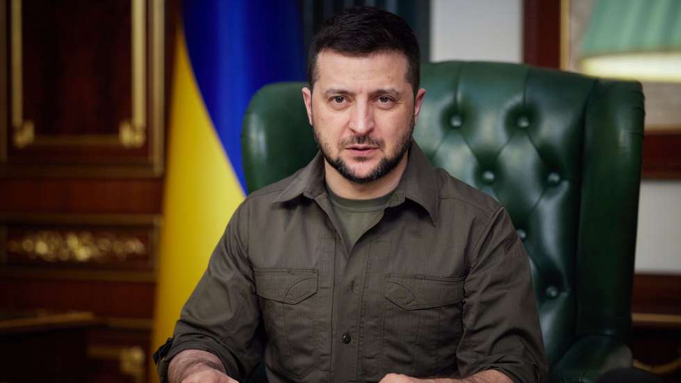 epa09841678 A handout photo made available by the Ukrainian Presidential Press Service shows Ukrainian President Volodymyr Zelensky during a broadcast speech in Kyiv (Kiev), Ukraine, late 21 March 2022 (issued 22 March 2022), addressing the residents of Ukrainian cities on 'Drive the occupiers out, drive these slaves out'.  EPA/UKRAINIAN PRESIDENTIAL PRESS SERVICE HANDOUT -- MANDATORY CREDIT: UKRAINIAN PRESIDENTIAL PRESS SERVICE -- HANDOUT EDITORIAL USE ONLY/NO SALES