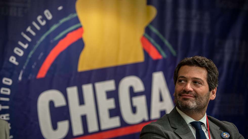 O Presidente do Chega, André Ventura, durante a sessão de encerramento do III Congresso do Chega Açores em Ponta Delgada, Ilha de São Miguel, nos Açores, 30 de Abril de 2022.  EDUARDO COSTA/LUSA
