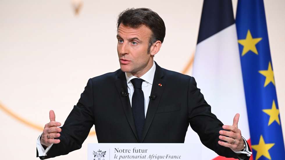 epa10494139 French President Emmanuel Macron gestures as he gives a speech to outline France's revamped strategy for Africa ahead of his visit in Central Africa, at the Elysee Palace in Paris, France, 27 February 2023. Macron's speech comes two days ahead of a four-nation tour of central African countries, as Paris seeks to counter growing Chinese and Russian influence in the region. Macron is to visit Gabon for an environmental summit, followed by Angola, then the Republic of Congo, or Congo-Brazzaville, and finally the neighbouring Democratic Republic of Congo.  EPA/STEFANO RELLANDINI / POOL  MAXPPP OUT