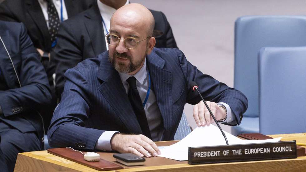 epa10873178 President of the European Council Charles Michel speaks during an United Nations Security Council meeting about the war between Ukraine and Russia on the sidelines of the 78th session of the United Nations General Assembly at United Nations Headquarters in New York, New York, USA, 20 September 2023.  EPA/JUSTIN LANE