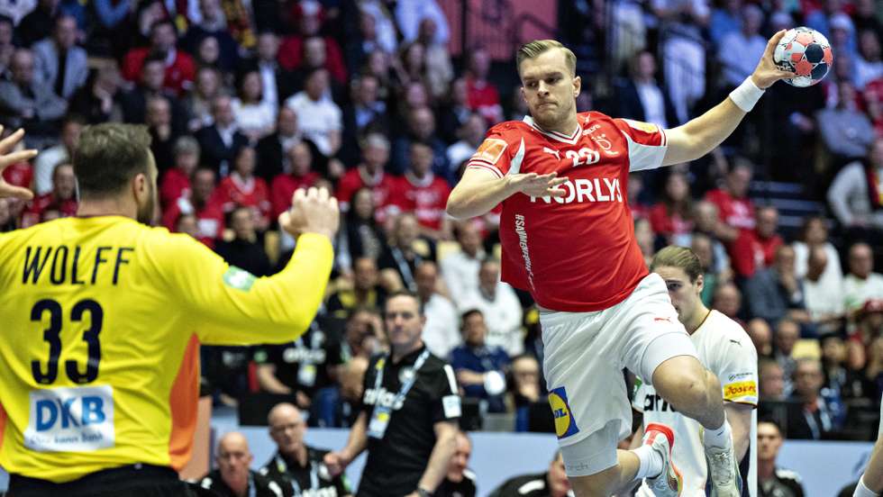 epa12698486 Denmark's Johan Hansen during the EHF Euro 2026 final match between Denmark and Germany at Jyske Bank Boxen in Herning, Denmark, 01 February 2026.  EPA/Henning Bagger DENMARK OUT
