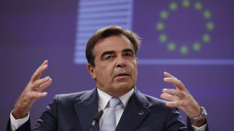 epa09495119 European Commission Vice-President for Promoting our European Way of Life, Margaritis Schinas  during press conference on developments under the New Pact on Migration and Asylum and stepping up the fight against migrant exploitation in Brussels, Belgium, 29 September 2021.  EPA/OLIVIER HOSLET