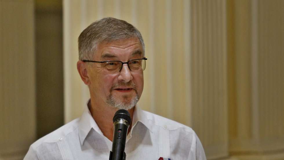 epa06848042 The Russian ambassador to Cuba, Mikhail Kamynin, speaks after receiving a decoration for his outstanding work for ten years, at the Ministry of Foreign Affairs (MINREX) in Havana, Cuba, on 28 June 2018. The Government of Cuba today honored the outgoing ambassador of Russia on the island, Mikhail Kaminin, for his contribution during the last ten years to the 'excellent' bilateral relations between both historical allies.  EPA/Yander Zamora