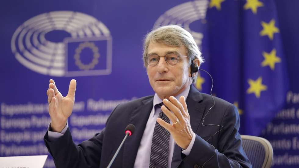 epa09456798 European Parliament President David Sassoli at the start of a conference in Brussels, Belgium, 09 September 2021. Ursula von der Leyen will present the state of the Union program ahead to official presentation on 15 September during plenary session in Starsbourg.  EPA/OLIVIER HOSLET