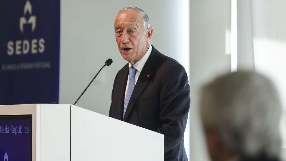 O Presidente da República, Marcelo Rebelo de Sousa intervém na sessão de encerramento do V congresso da SEDES, esta manhã na Nova SBE em Carcavelos. 5 de dezembo de 2021. MIGUEL A. LOPES/LUSA