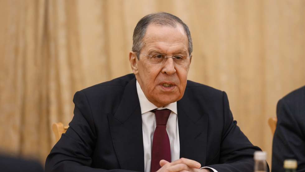 epa09781119 A handout photo made available by the press service of the Russian Foreign Affairs Ministry shows Russian Foreign Minister Sergei Lavrov attending talks with Pakistani Foreign Minister (not pictured) in Moscow, Russia, 24 February 2022. Pakistan's Foreign Minister is on a working visit to Moscow.  EPA/RUSSIAN FOREIGN AFFAIRS MINISTRY / HANDOUT MANDATORY CREDIT HANDOUT EDITORIAL USE ONLY/NO SALES