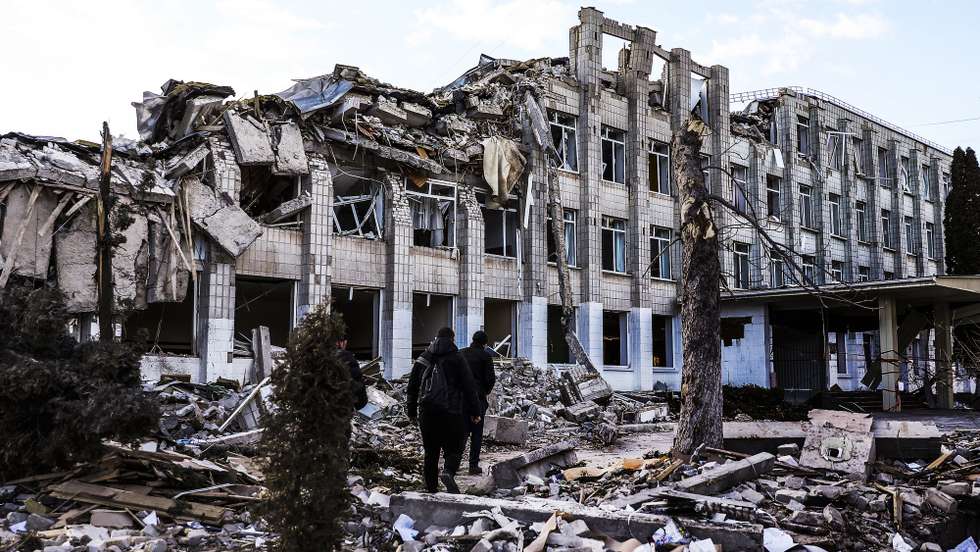 The main building of school number 25 in Zhytomyr, Ukraine destroyed after being bombed, March 11, 2022. Russian troops entered Ukraine on 24 February prompting the country's president to declare martial law and triggering a series of announcements by Western countries to impose severe economic sanctions on Russia.  MIGUEL A. LOPES/LUSA