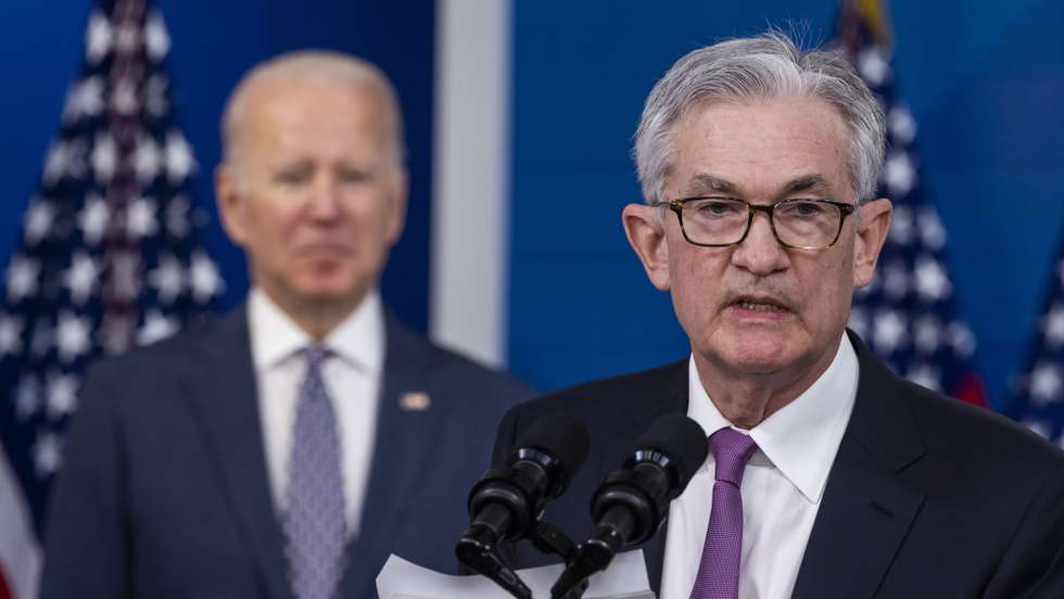 epa09597989 Chair of the Federal Reserve Jerome Powell (R) speaks after US President Joe Biden (L) nominated Powell to a second term as Chair of the Federal Reserve in the Eisenhower Executive Office Building in Washington, DC, USA, 22 November 2021. Biden also nominated Dr. Lael Brainard as the Fed's new Vice Chair.  EPA/JIM LO SCALZO