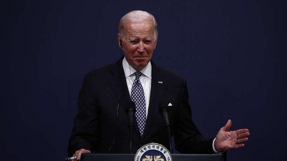 epa09962162 US President Joe Biden speaks with South Korean President Yoon Suk-yeol (not pictured), during a joint press conference at the Presidential office in Seoul, South Korea, 21 May 2022. Biden arrived in Korea for a three-day visit.  EPA/JEON HEON-KYUN / POOL